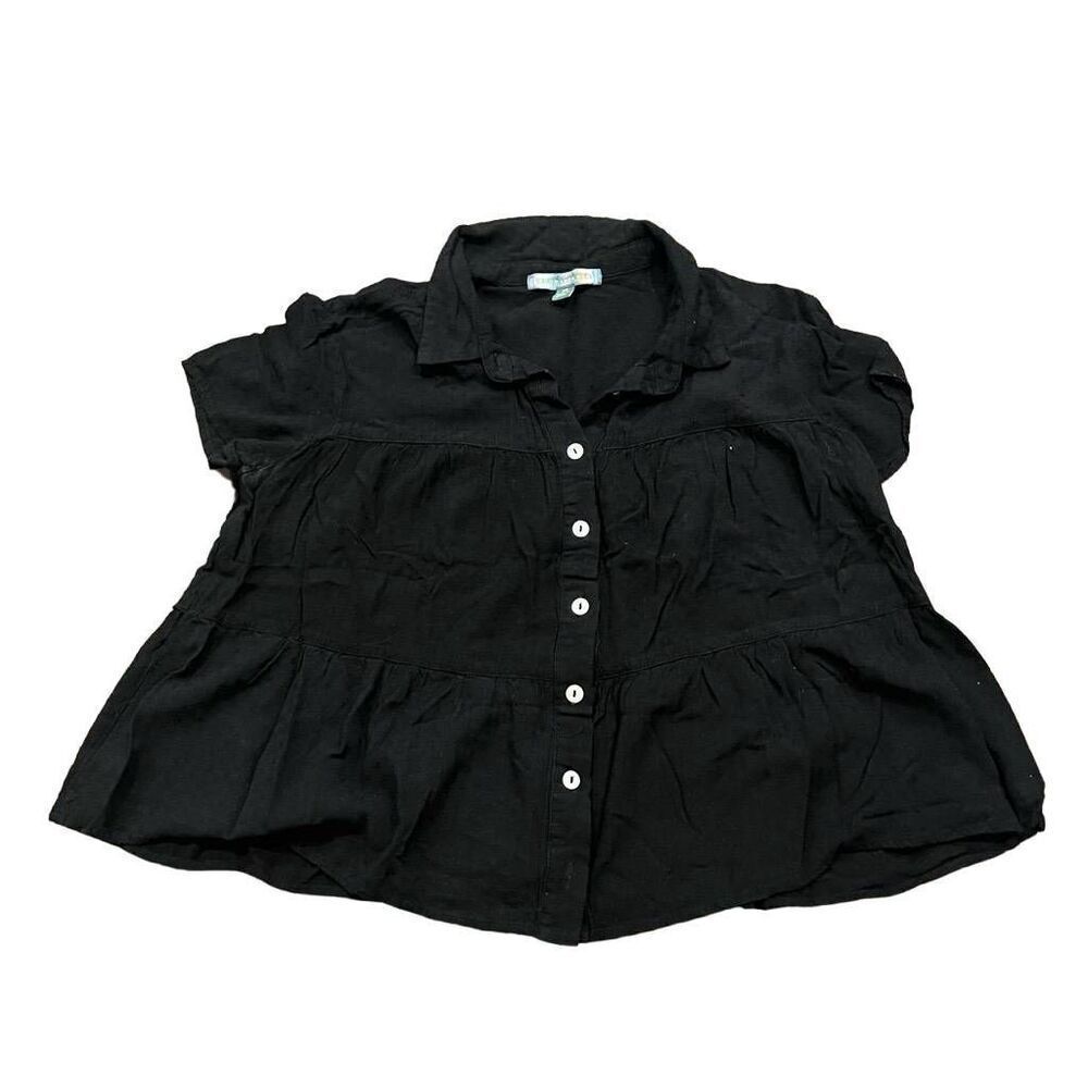 Good Luck Gem Top Blouse Women's Size XS Black Crop 100% Rayon Short Sleeve Butt